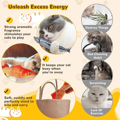 Catnip Toys 5 Pack - Simulation Fish Shape Realistic Fluffy Catnip Doll Interactive Pets Pillow Chew Bite Supplies for Cat Kitten Kitty
