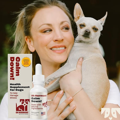 OH NORMAN! Dog Calming Aid Supplement with Chamomile, L-Theanine, Valerian, Passion Flower & Melatonin - Calm Down! by Kaley Cuoco - Ideal for Separation, Thunderstorms, Fireworks & Travel - 1 Fl Oz