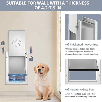 [Petoasis] 3-Flaps Heavy-Duty Dog Door for wall, Rust Proof Aluminum Alloy Frame, Extreme Weather Dog Door Can Block Wind, Snow, and Rainwater Intrusion (Silvery White, Large for Wall)