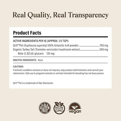Real Mushrooms Turkey Tail with Qrill Pet - Turkey Tail Mushroom for Dogs with Krill Meal for Dogs and Cats - Beta-Glucan Rich Mushroom Extracts Immune & Gut Support for Puppies and Kittens, 75g