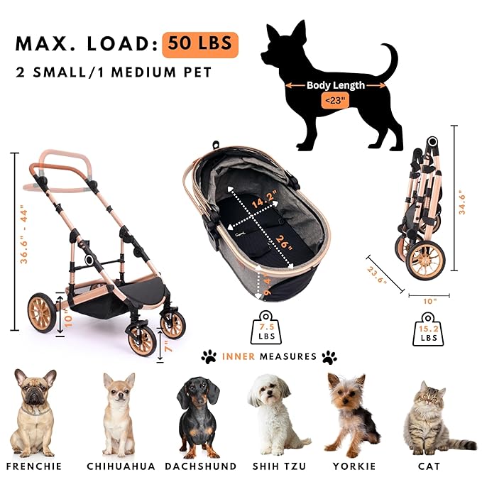 Bicystar Pet Stroller for Medium Dogs, Smooth-Ride Dog Stroller with Detachable Carrier, Rubber Wheels, Car Seat Combo 3-in-1, Up to 50 lbs, for Senior Dogs & Cats, Grey