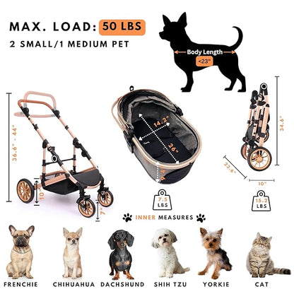 Bicystar Pet Stroller for Medium Dogs, Smooth-Ride Dog Stroller with Detachable Carrier, Rubber Wheels, Car Seat Combo 3-in-1, Up to 50 lbs, for Senior Dogs & Cats, Grey