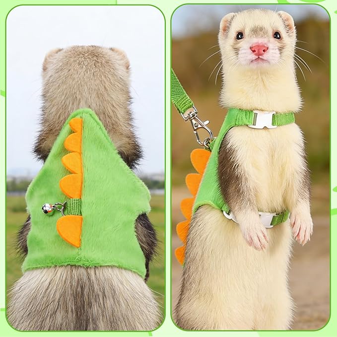 Ferret Harness and Leash Set, Dinosaur Shaped Harness Leash for Training Playing Small Animals Vest Harnesses with Safe Bell for Rabbit Hamster Teacup Chihuahua and Other Small Animals