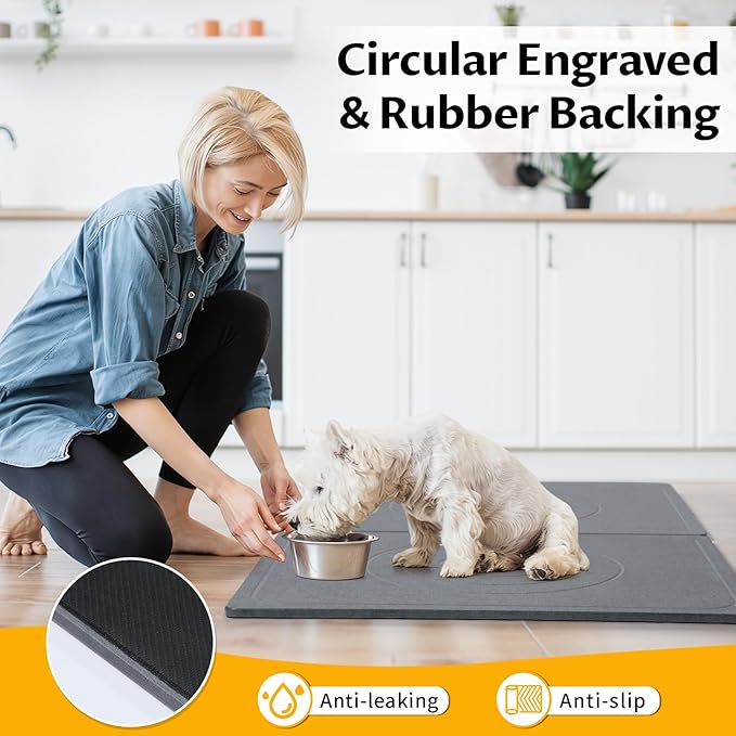 Stone Dog & Cat Food Mat, Bite-Proof Non-Slip Large Diatomaceous Pet Feeding Mat for Puppy Cat, Summer Cooling Quick Drying Dog Cat Water Bowls Mat for Protect Floor (Dark Grey 24" x 16")