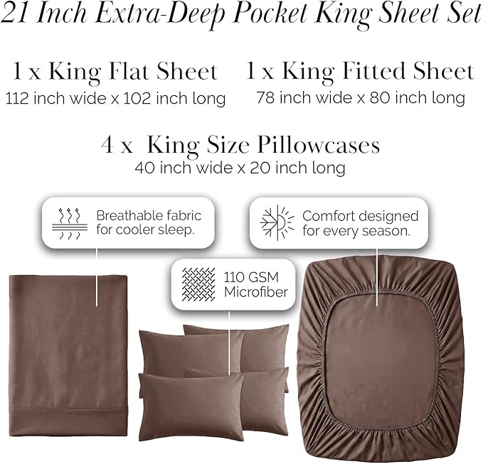 Southshore Fine Living, Inc. 21-Inch Extra Deep Pocket Sheets King, 6-Piece Microfiber Sheet Set, Flat Oversized King Sheets, Brown Pillow Cases 4 Pack, Chocolate Brown Sheet Set