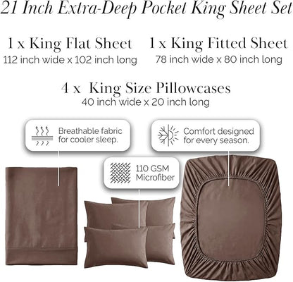 Southshore Fine Living, Inc. 21-Inch Extra Deep Pocket Sheets King, 6-Piece Microfiber Sheet Set, Flat Oversized King Sheets, Brown Pillow Cases 4 Pack, Chocolate Brown Sheet Set