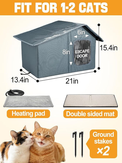 Weatherproof Heated Cat Houses for Outdoor Cats - Insulated Cat Shelter for Winter with Thermostatic Heating Pad and Escape Door, Warm Outside Pet House Gift for 1-2 Feral Cats (Medium)