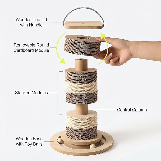 32” Tall Cat Scratching Post – Large Vertical Cardboard Cat Scratcher for Indoor Cats, Modular Replaceable Blocks, Heavy Stable Base, Modern Scratching Post for Adult & Large Cats