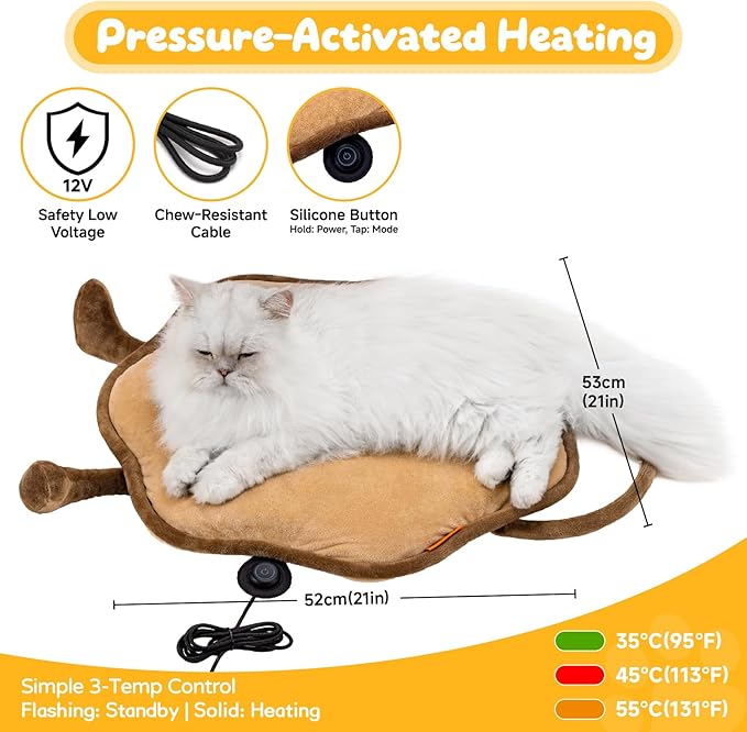 Cat Heating Pad for Indoor Cats Dogs Pressure-Activated Heated Cat Bed for Pets Warming Mat Electric Heated Pads with Removable Cover Adjustable Temp Sunflower Brown 22"X 22"