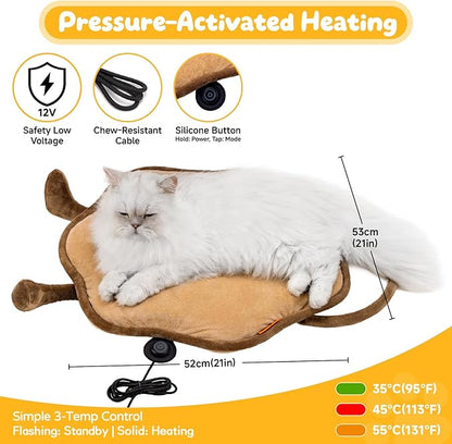 Cat Heating Pad for Indoor Cats Dogs Pressure-Activated Heated Cat Bed for Pets Warming Mat Electric Heated Pads with Removable Cover Adjustable Temp Sunflower Brown 22"X 22"