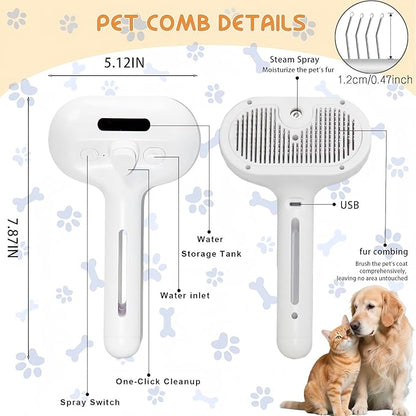 Fresh Fur Shower Brush, 3 in 1 Pet Steam Brush, Spray Hair Removal Comb for Cats ＆ Dogs - Deshedding＆ Grooming (White)