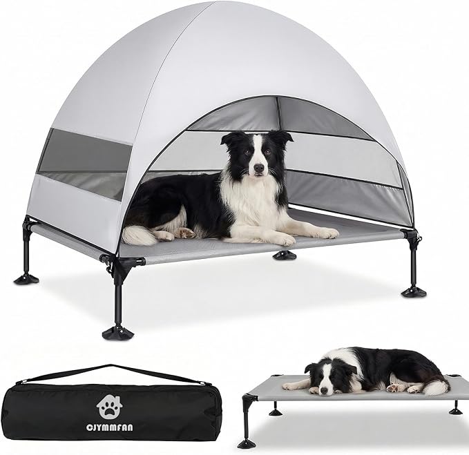 Elevated Dog Bed with Upgraded Canopy, Raised Outdoor Dog Tent with Powerful Anti-Slip Feet, Portable Pet Cot with Larger Shade, Raised Cooling Bed for Camping, Backyard, Beach, Poolside