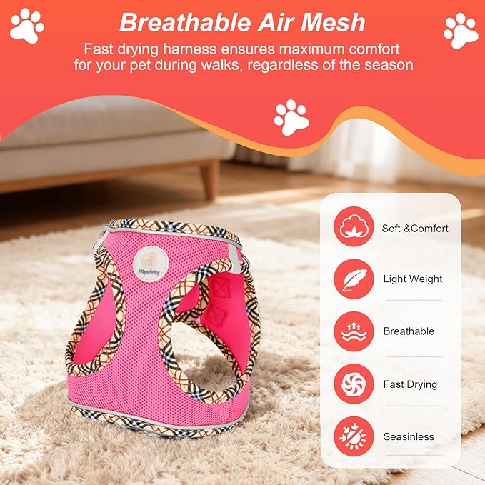 Hipubby Dog Harness Small Sized and Leash Set, No Pull Soft Mesh Puppy Vest, Reflective Breathable Lightweight Pet Harness, Harness for Small Medium Dogs and Cats - Rose Red/Khaki Trim, L