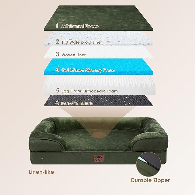 EHEYCIGA Orthopedic Dog Beds for Extra Large Dogs, Waterproof Memory Foam XL Pet Bed with Sides, Non-Slip Bottom and Egg-Crate Foam Big Dog Couch Bed with Washable Removable Cover, Dark Green