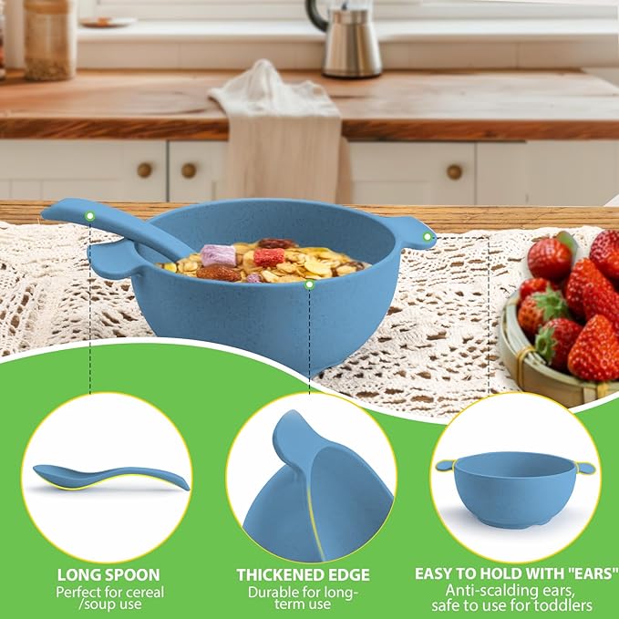 shopwithgreen Unbreakable Kids Bowls -Microwave Dishwasher Safe- Wheat Straw Snack Bowl Sets for Kids and Toddler-4 Bowls and 4 Spoons, Lightweight and Durable, 14 OZ