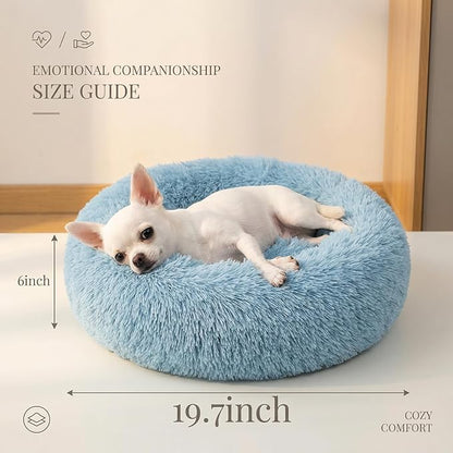 Calming Donut Dogs Beds for Small Dogs Washable,19inch Fluffy Round Puppy Bed for Puppies,Cats & Toy Breeds with Raised Rim,Fits up to 15 lbs Pets,Washed Blue