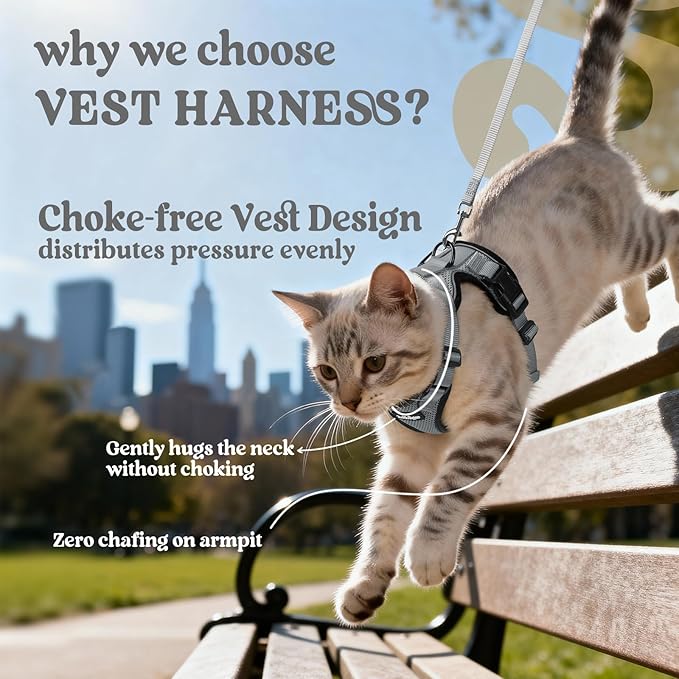 rabbitgoo Cat Harness and Leash for Walking, Escape Proof Soft Adjustable Vest Harnesses for Cats, Easy Control Breathable Reflective Strips Jacket, Grey, S