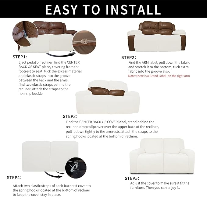Easy-Going 100% Dual Waterproof Recliner Loveseat Cover, 6-Pieces Stretch Relining Sofa Cover with Pocket, Jacquard 2 Seat Sofa Slipcover Leakproof Washable (Loveseat, Cream)