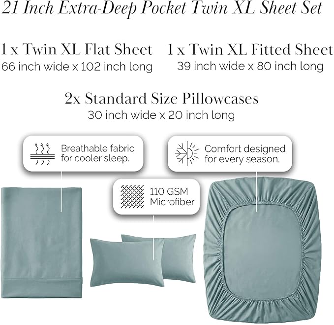 Southshore Fine Living, Inc. 4-Piece Dorm Sheets Twin XL Set, 21" Extra Deep Pocket Twin XL Fitted Sheet, Microfiber Bedding, Steel Blue Pillow Cases Standard Size Set of 4, Steel Blue Sheets