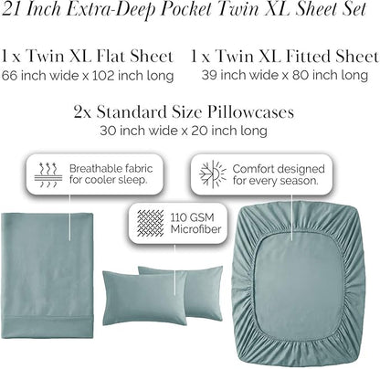 Southshore Fine Living, Inc. 4-Piece Dorm Sheets Twin XL Set, 21" Extra Deep Pocket Twin XL Fitted Sheet, Microfiber Bedding, Steel Blue Pillow Cases Standard Size Set of 4, Steel Blue Sheets