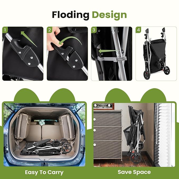 SMUG 3 Wheels Pet Stroller, Dog and Cat Strollers with Storage Basket and Cup Holder, Breathable Mesh, Lightweight Travel Carrier, Waterproof and Foldable for Small Pets Outdoor Walk, Black