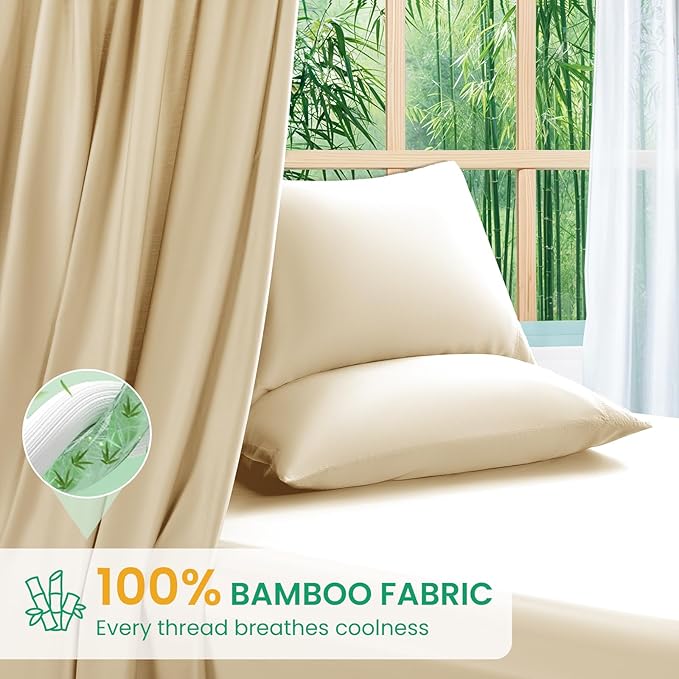 SONORO KATE 100% Viscose Derived from Bamboo_Sheets Queen Size, Ultra Breathable & Cooling Bed Sheets for Hot Sleepers, Hotel Luxury Silky Bedding Sheets, 16" Deep Pocket - 4PC (Beige,Queen)