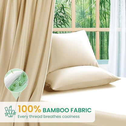 SONORO KATE 100% Viscose Derived from Bamboo_Sheets Queen Size, Ultra Breathable & Cooling Bed Sheets for Hot Sleepers, Hotel Luxury Silky Bedding Sheets, 16" Deep Pocket - 4PC (Beige,Queen)