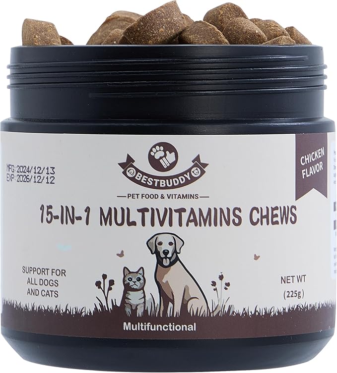 Best Buddy Multivitamin 15-in-1 Treats for Dogs I Cats, Complete Health Supplement Joint Support + Digestive Enzymes, Grain Free Dog Vitamins and Supplements for Skin & Coat (Chicken, 225g)