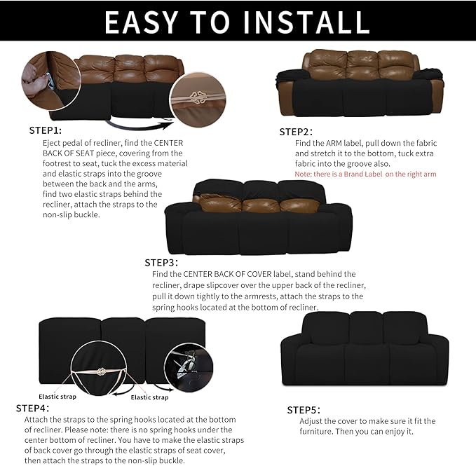 Easy-Going 100% Dual Waterproof Recliner Sofa Cover, 8-Pieces Stretch Relining Couch Cover with Pocket, Jacquard 3 Seat Sofa Slipcover Leakproof Washable (Sofa, Black)