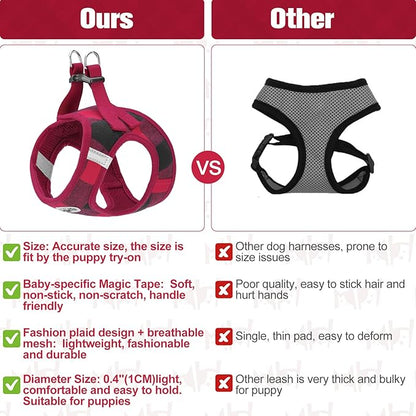 BEAUTYZOO Small Dog Harness and Leash Set,Step in No Choke No Pull Soft Mesh Dog Harnesses Reflective for Extra-Small/Small Medium Puppy Dogs and Cats, Plaid Dog Vest Harness for XS S Pets, Red M