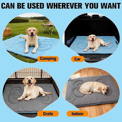 EXPAWLORER Outdoor Dog Bed, Portable Waterproof Reversible Camping Travel Durable Dog Bed, Large Pet Mat Machine Washable Indoor for Medium Large Dogs Puppy Cats Sleeping Outside 35"x51" Blue & Grey