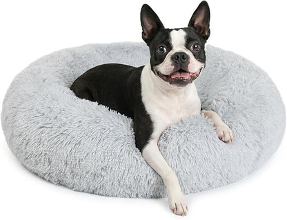 Calming Dog Bed for Medium Dogs Washable Donut 28 inches Anti-Slip Pet Bed,Round Fluffy Plush Faux Fur Cat Bed,Fits up to 40 lbs Pets,Frost Grey