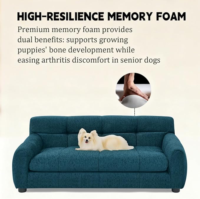 Dog Couch Bed with Backrest and Armrest, Durable Pet Sofa with Upholstered Foam Cushion, Elevated Dog Couch Bed with Legs for Medium Dogs, Blue