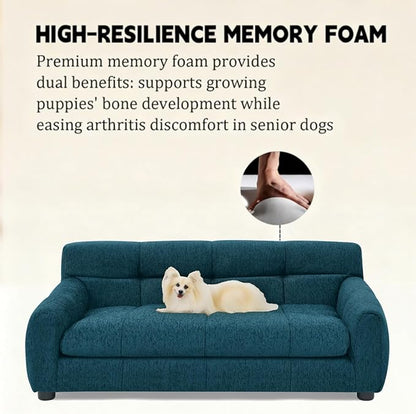 Dog Couch Bed with Backrest and Armrest, Durable Pet Sofa with Upholstered Foam Cushion, Elevated Dog Couch Bed with Legs for Medium Dogs, Blue
