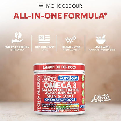 FurGlow Skin and Coat Supplement for Dogs Salmon Oil Omega 3 Fish Oil Turmeric Collagen Aloe Vera Flaxseed Oil Hyaluronic Acid Biotin Keratin Aloe Vera Allergy Relief Beef Flavor | Clean Nutra Pets