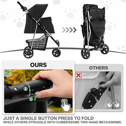 MoNiBloom Foldable Pet Stroller with Weather Cover, 3 Wheels Pet Strolling Cart for Small/Medium Dogs and Cats with Storage Basket and Cup Holder, Breathable and Visible Mesh for All-Season, Black