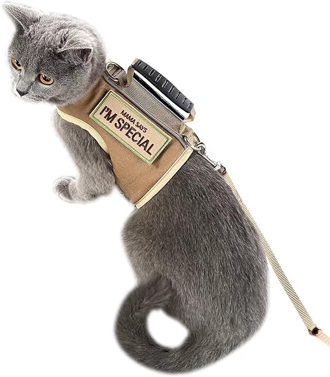 Tactical Cat Harness and Leash for Walking Escape Proof, Adjustable Cat Walking Jackets, Padded Stylish Cat Vest, Khaki, Large