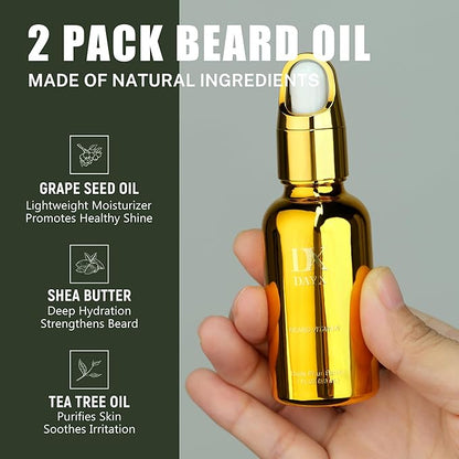 Beard Grooming Kit for Black Men, Beard Care Kit for Black Men w/Oil, Balm, Brush, Comb and Scissors, Valentines Birthday Gifts for Dad Husband Boyfriend
