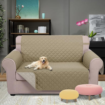 U-NICE HOME Loveseat Sofa Cover Reversible Couch Covers for 2 Cushion Couch for Dogs Furniture Protector Cover with Elastic Straps Water Resistant(Loveseat Small, Light Camel/Beige)