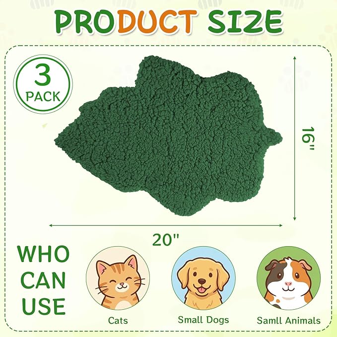3 Pack Self Warming Pet Bed Leaf Shape Self Heating Cat Dog Mat Washable Thermal Sleeping Pad for Indoor Outdoor Hedgehog, Bunny, Sugar Glider, Rat, Chinchilla(Dark Green,Small-16 x20)