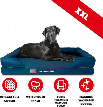 The Dog’s Bed Orthopedic Memory Foam Dog Bed with Bolsters for XXL Dogs, High Density Support Mattress, Low Front Entry, Removable Washable Cover, Oxford Fabric, Blue with Dark Red Trim, XXL