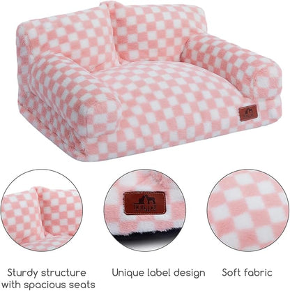 Hollypet Fluffy Dog Cat Bed Pet Couch Beds Plush Soft Warming Washable Puppy Bed for Small Medium Dogs and Large Cats, Pink and White, 24" L x 18" W x 10" Th