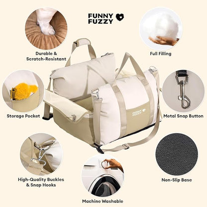 FUNNY FUZZY Dog Car Seat Waterpoof for Small & Medium Dogs Up to 35lbs, Detachable & Washable Pet Booster Seat with Leash, Thick Cushion, Storage Pockets & Adjustable Straps (Beige)