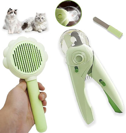 Self Cleaning Cat Brush for Shedding, LED Light Nail Clipper, Nail Clipper and Nail File, Slicker Brushes and Nail Trimmer for Long Haired Cats, Grooming Kit, Cat Lover Gifts