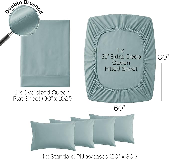 Southshore Fine Living, Inc. 21-Inch Extra Deep Pocket Queen Sheets, 6 Piece Queen Sheet Set Deep Pocket, Pet Hair Resistant Microfiber Fitted Sheet, Blue Pillow Cases Set of 4, Steel Blue Sheets