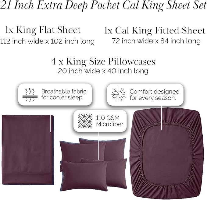 Southshore Fine Living, Inc. 6-Piece California King Deep Pocket Sheets Set, 21-Inch Cal King Deep Pocket Fitted Sheet, Premium Bedding, Purple Pillow Covers, Pillow Cases 4 Pack, Purple Sheets