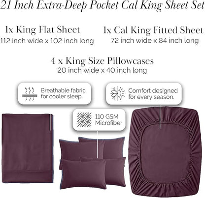 Southshore Fine Living, Inc. 6-Piece California King Deep Pocket Sheets Set, 21-Inch Cal King Deep Pocket Fitted Sheet, Premium Bedding, Purple Pillow Covers, Pillow Cases 4 Pack, Purple Sheets