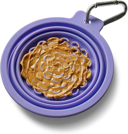 PetDreamHouse Collapsible Silicone Travel Dog Bowl with Lick Mat Bottom & Carabiner, Purple – Holds Up to 3 Cups, Medium Portable Food & Water Bowl for All Dog Sizes, BPA-Free for Hiking & Travel