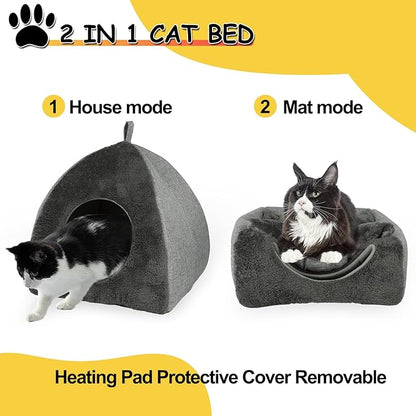 Heated Cat Bed Cave, Adjustable Temperature Heated Pet Bed Indoor with Timer, Cat Cave Bed Cat House with Washable Cushioned Pillow and Chew Resistant Cord Update for Indoor