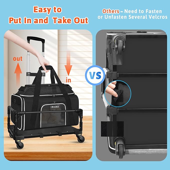 Petskd Top-Expandable Small Pet Carrier with Wheels(18" L x 11" W x 11" H), Delta/American/United Airlines Approved, Rolling Pet Carrier for Small Dogs & Cats (Black)